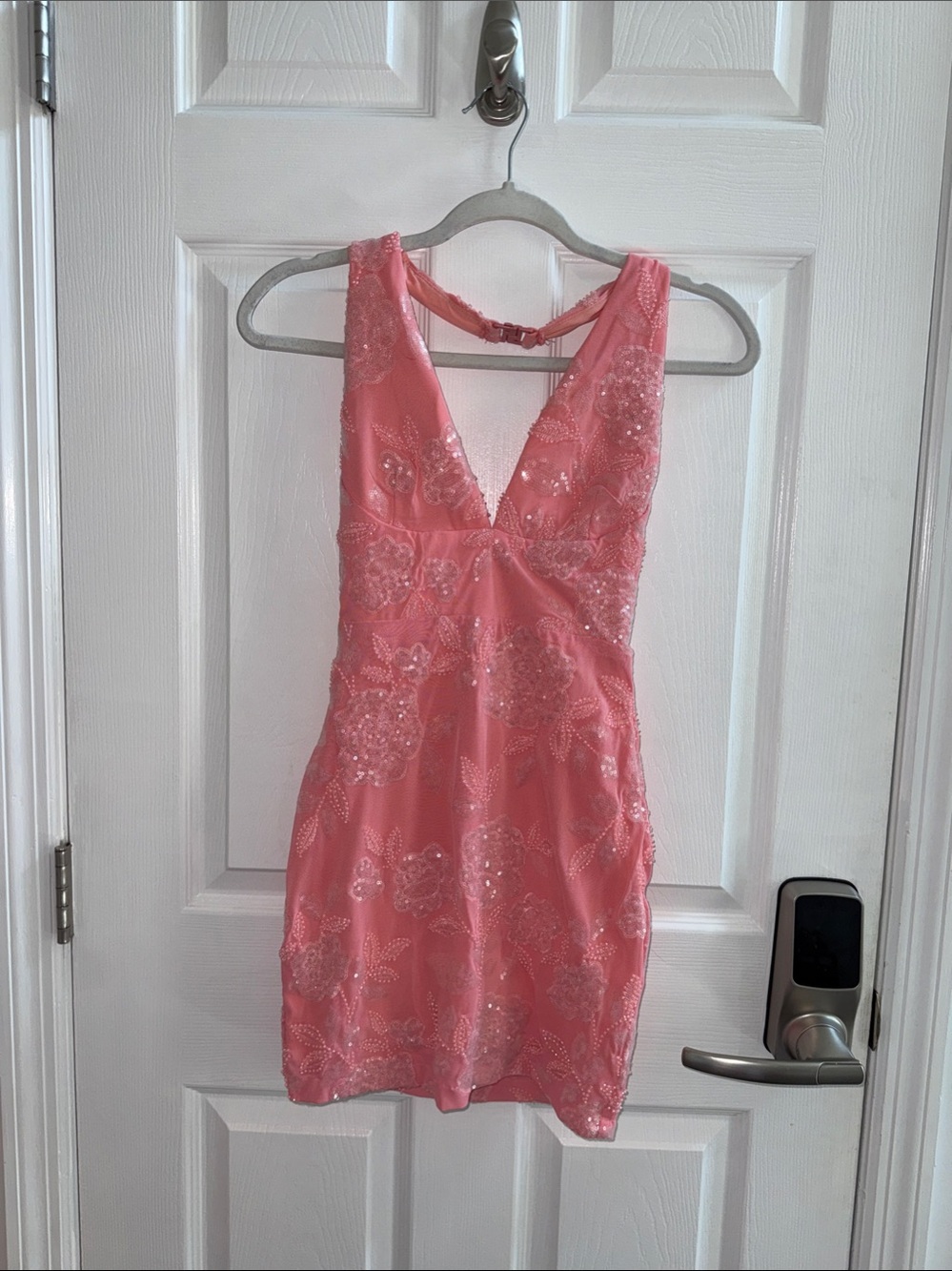 Embellished Coral V-Neck Mini Dress